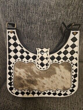 Black & White Check Leather Shoulder Bag with Natural Hide Panel | Western Tote